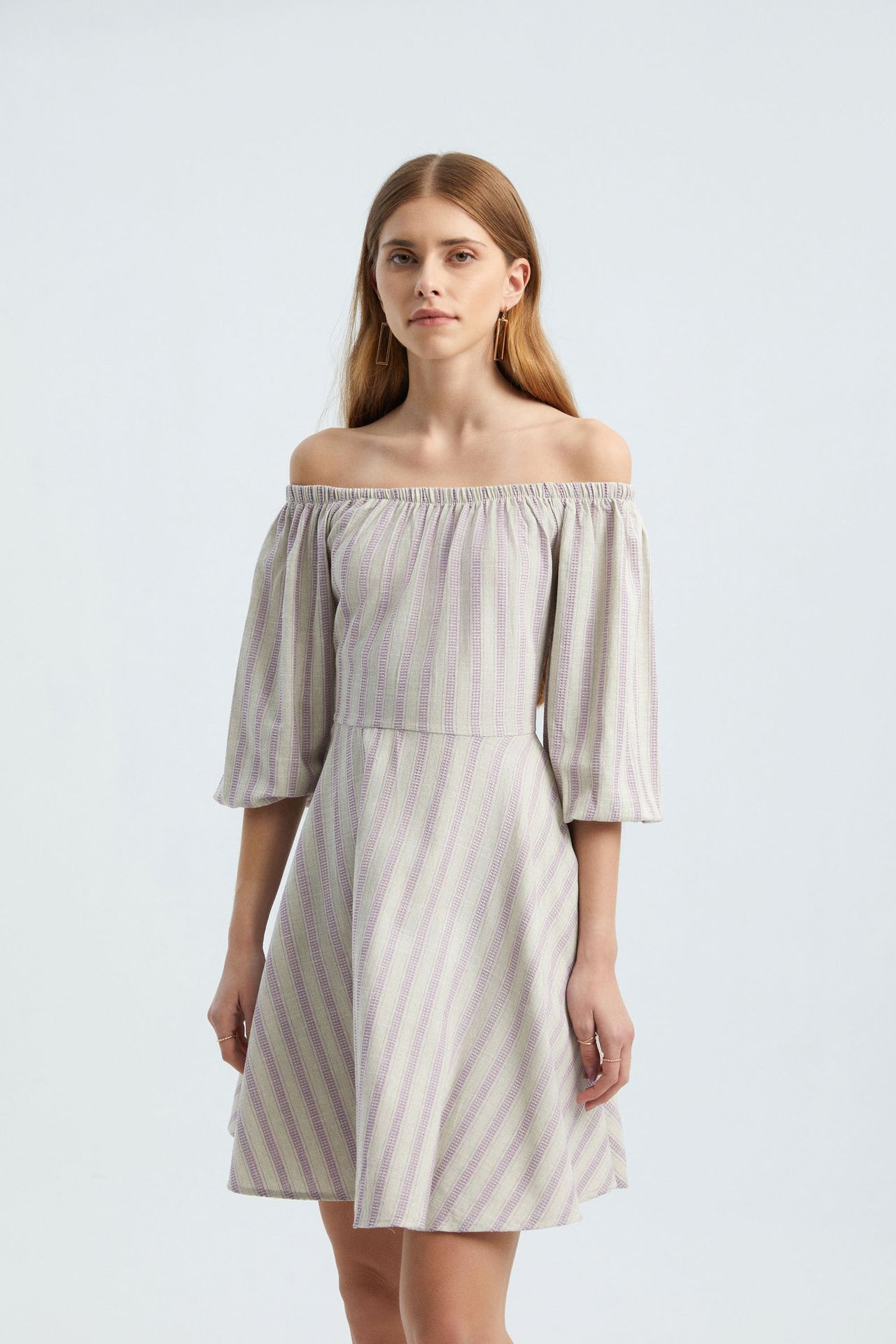 Striped Off Shoulder Balloon Sleeves Mini Dress