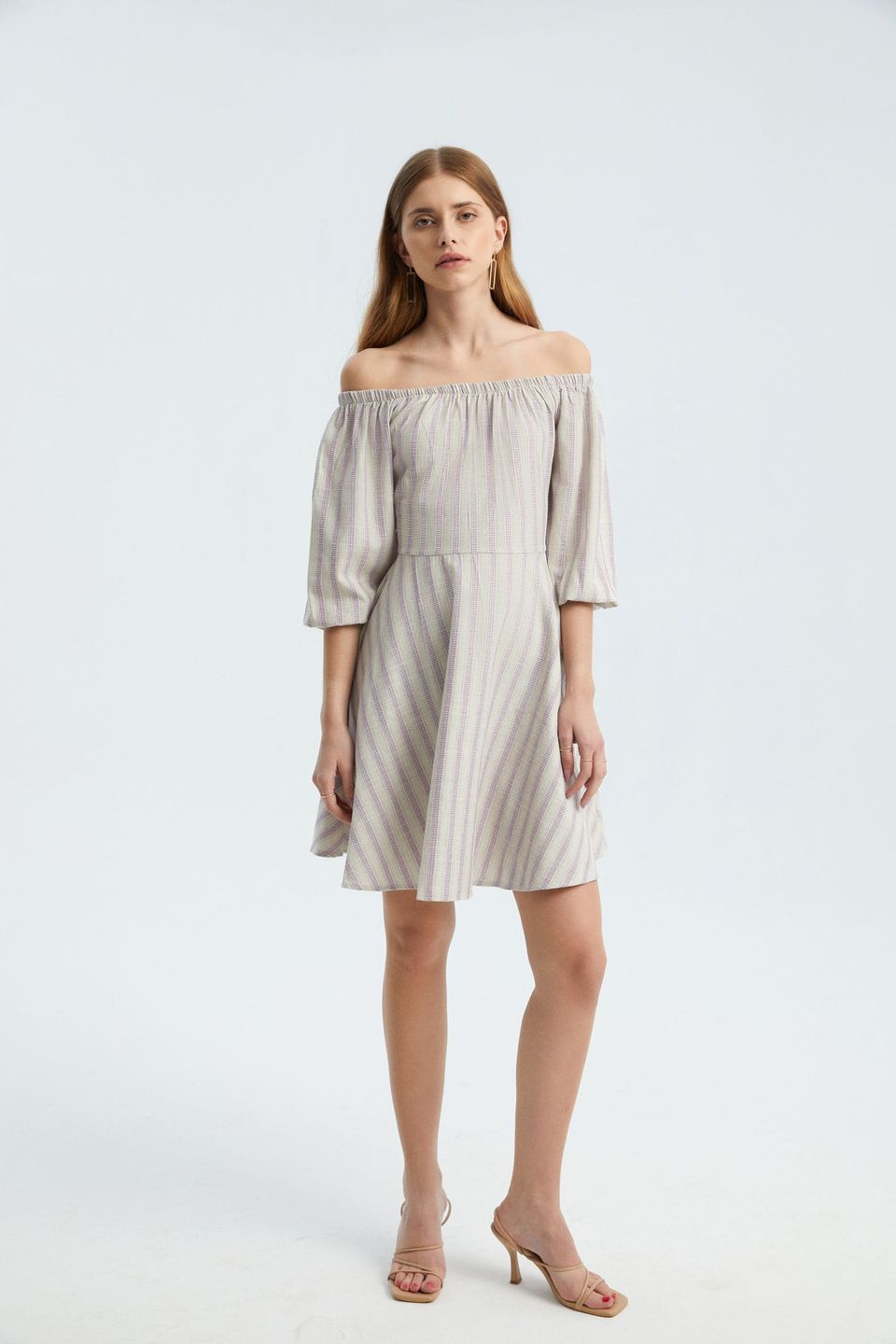 Striped Off Shoulder Balloon Sleeves Mini Dress