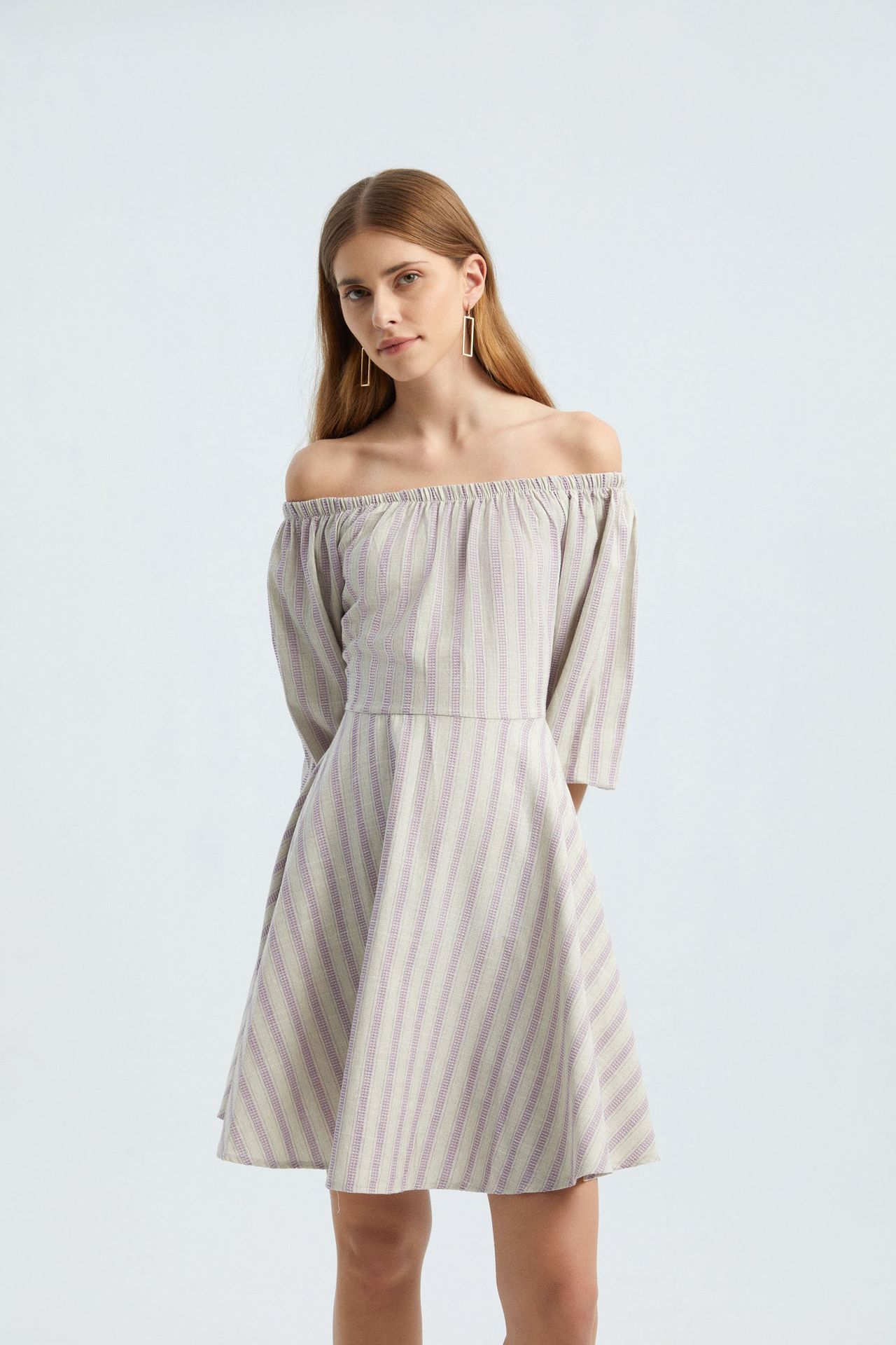 Striped Off Shoulder Balloon Sleeves Mini Dress