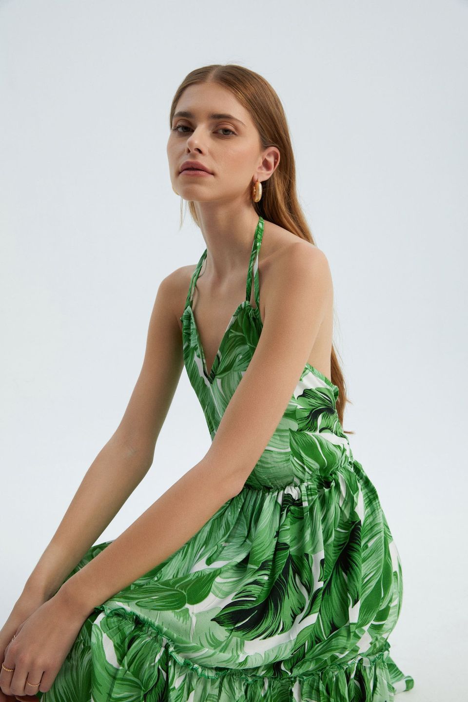 Floral V Neck Halter Tiered Mini Dress