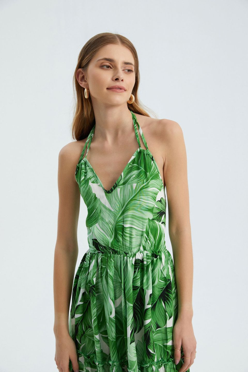 Floral V Neck Halter Tiered Mini Dress