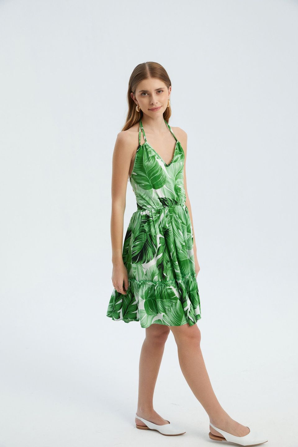 Floral V Neck Halter Tiered Mini Dress