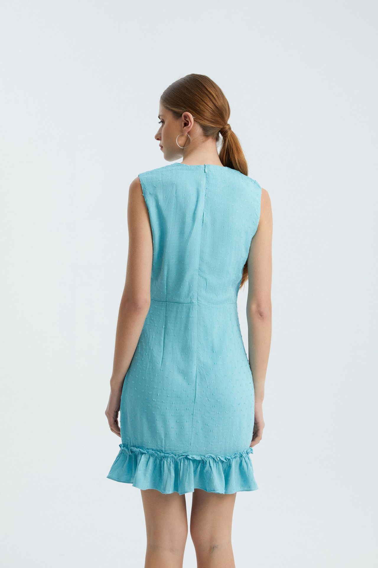 Round Neck Drawstring Ruffle Sleeveless Mini Dress