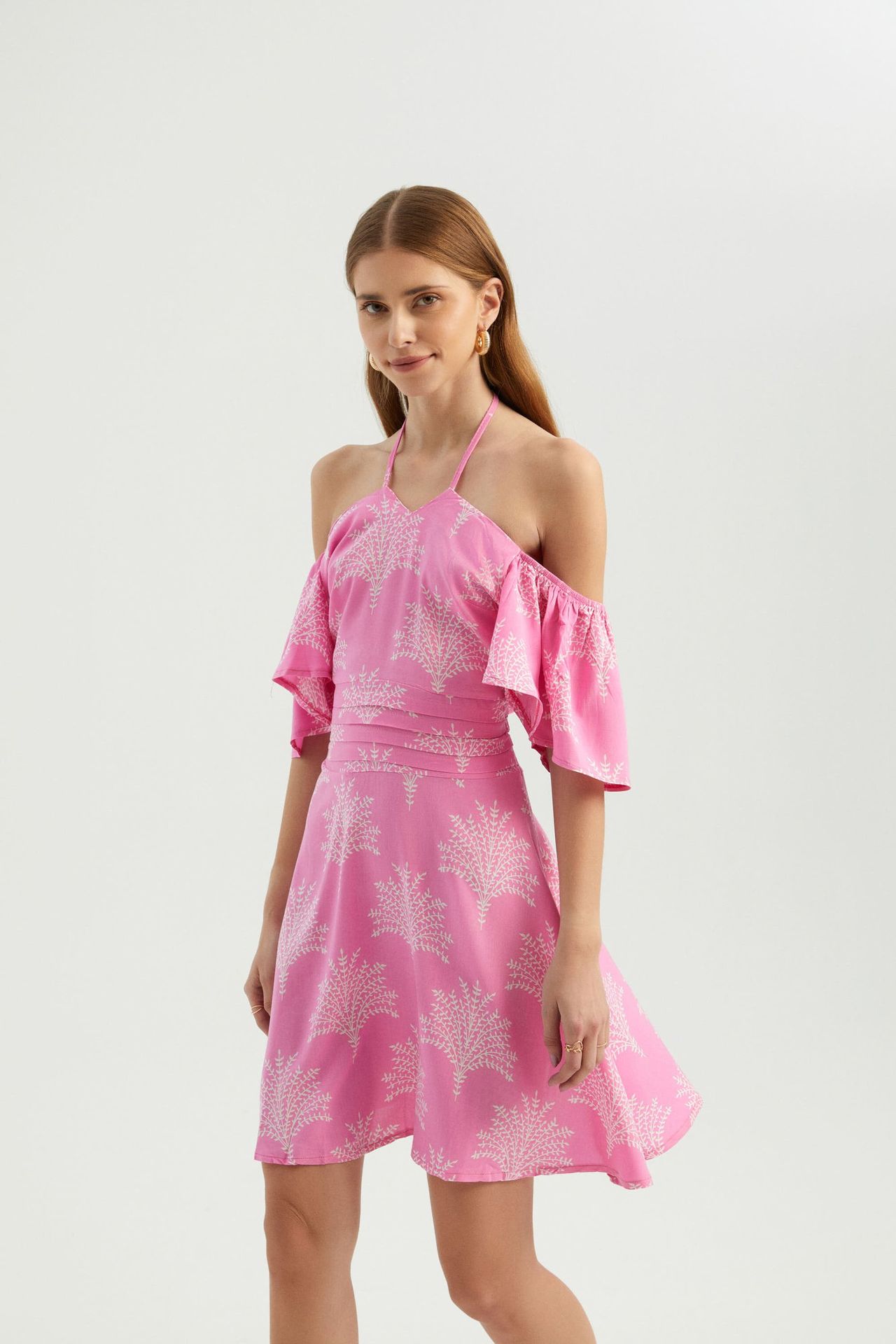 Floral Off Shoulder Halter Mini Dress
