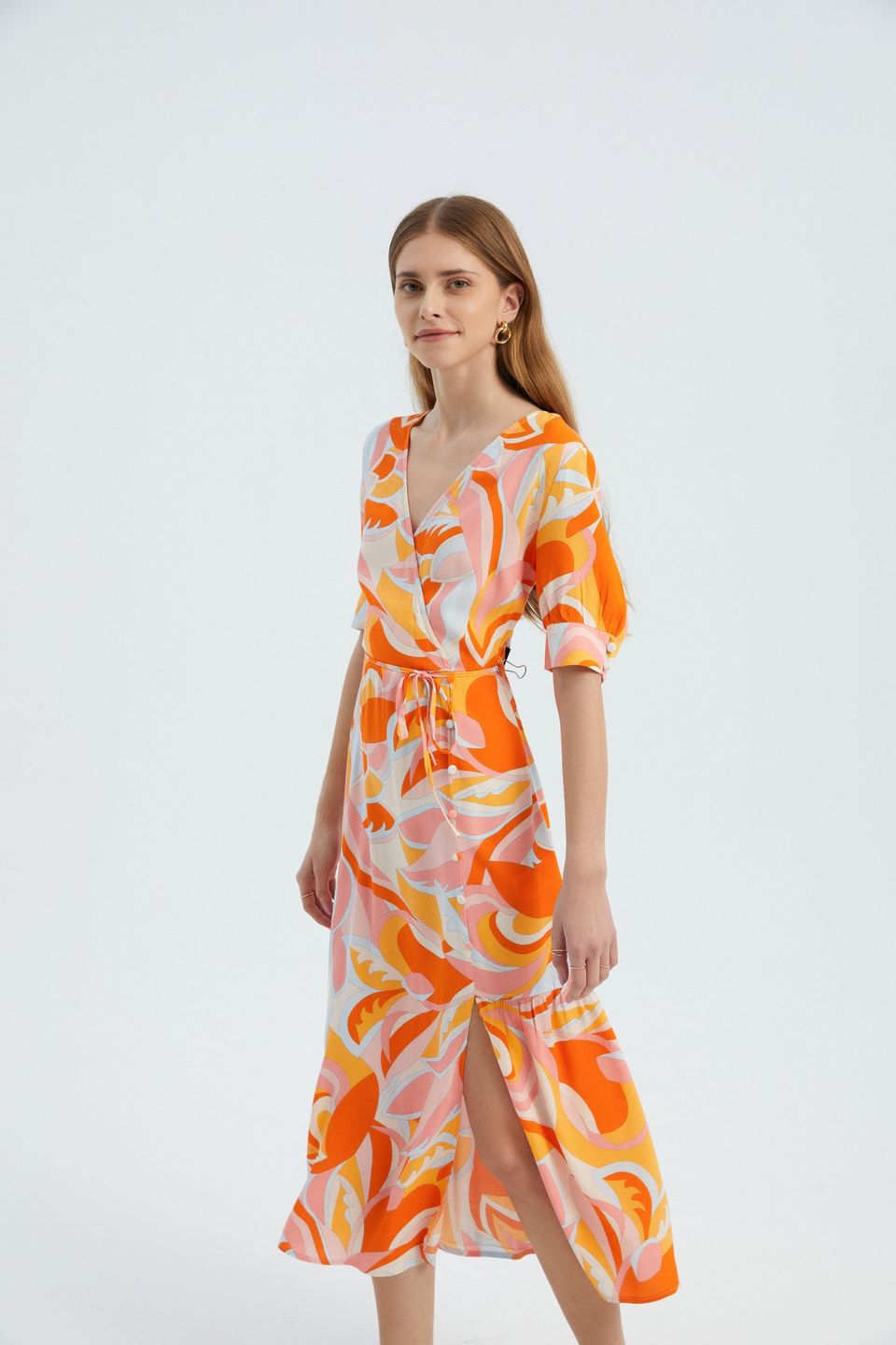 Abstract Surplice Neck Short Sleeve Maxi Dress with a Side Slit