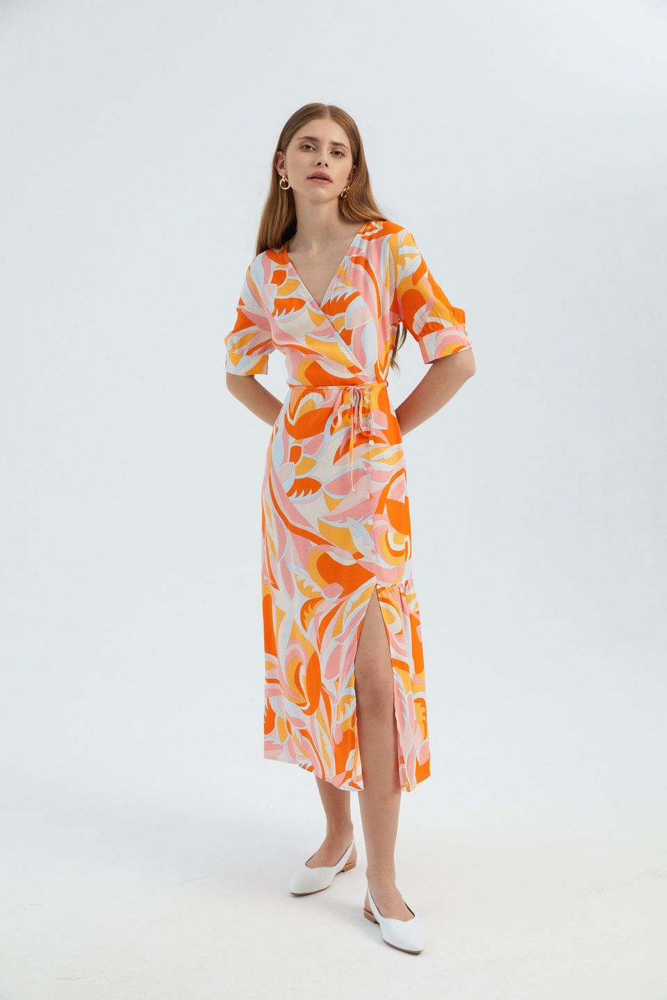 Abstract Surplice Neck Short Sleeve Maxi Dress with a Side Slit