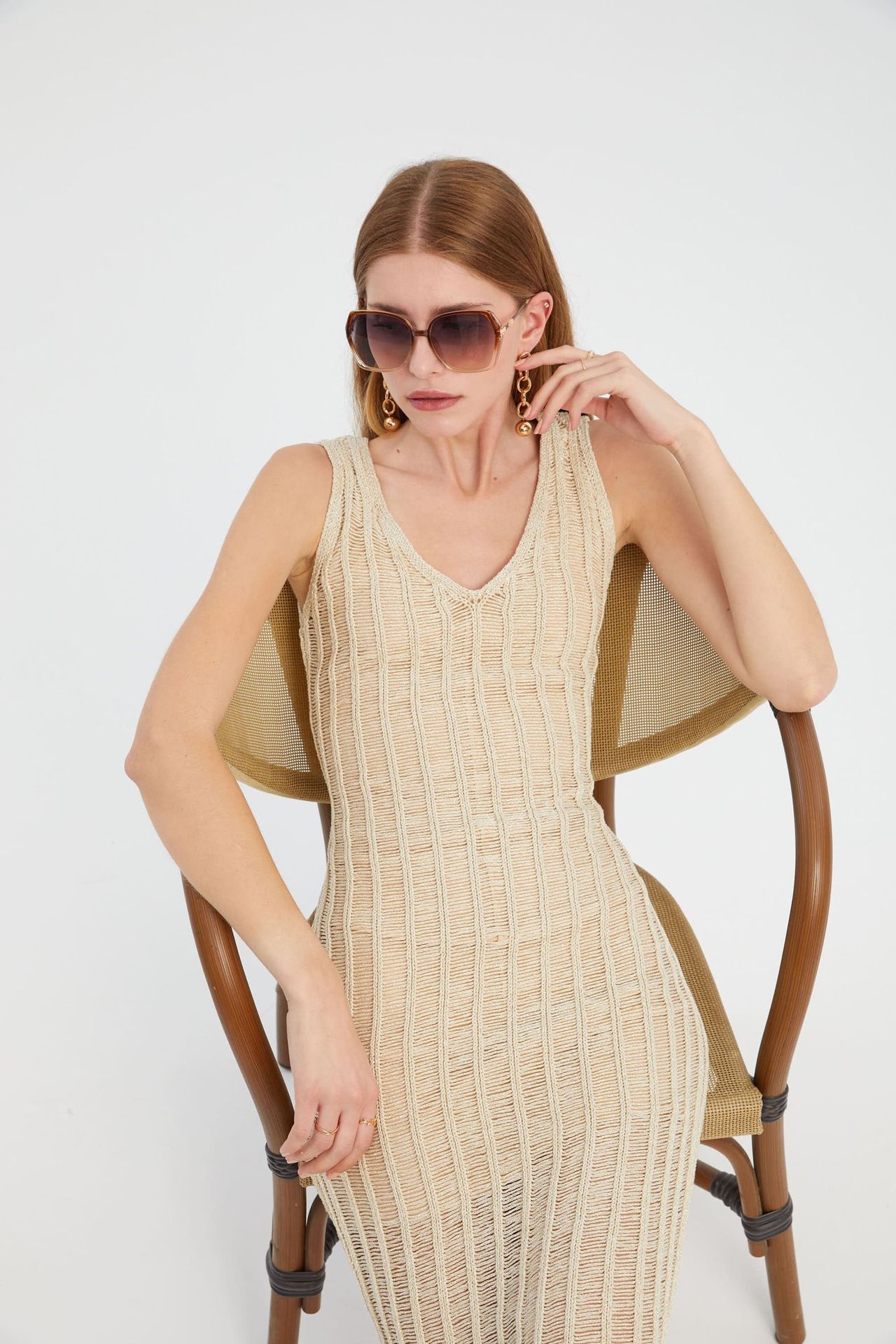 Knitted Striped V Neck Midi Dress with a Back Cut Out