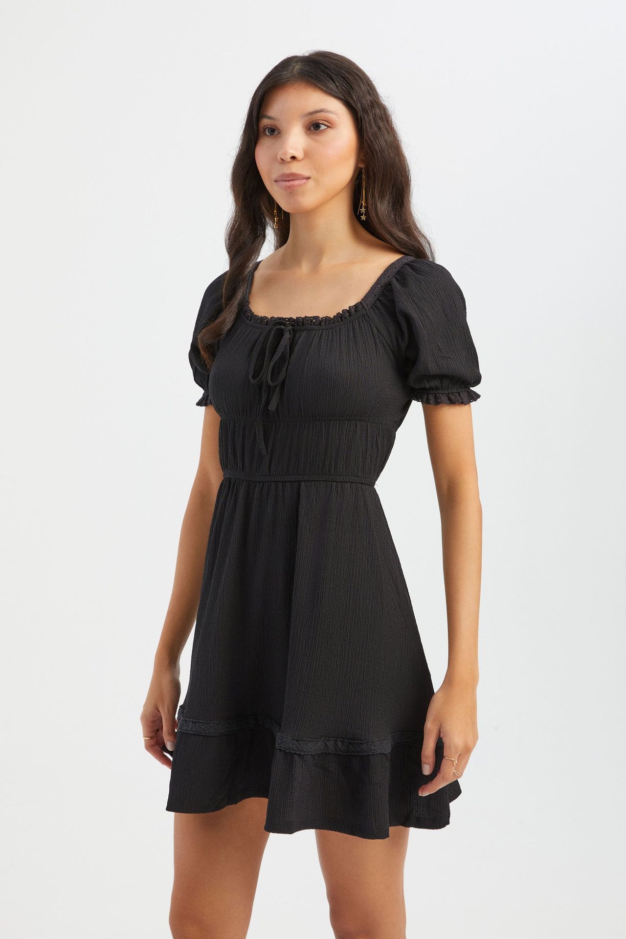 Square Neck Tie Front Short Sleeve Mini A-line Dress