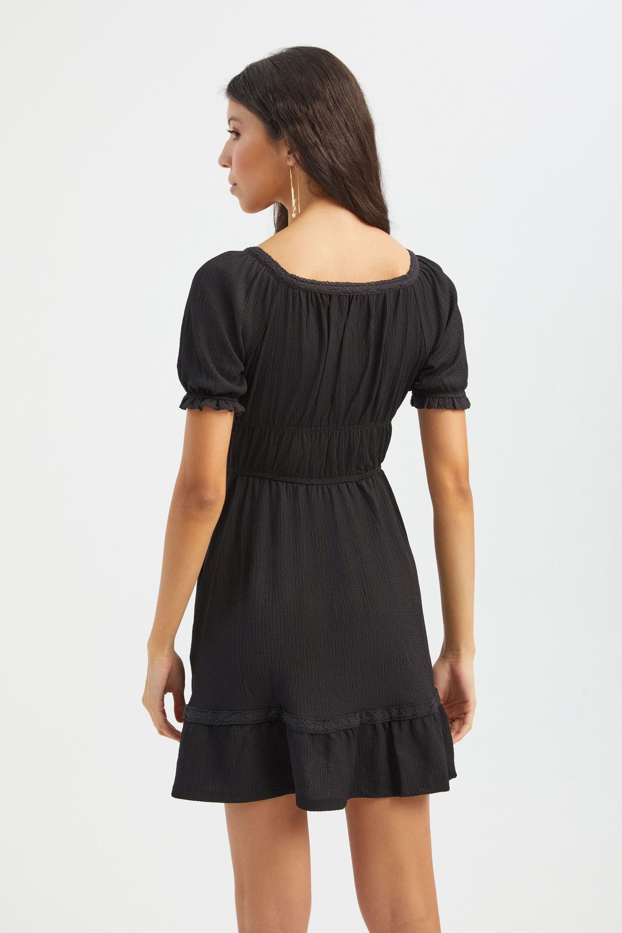 Square Neck Tie Front Short Sleeve Mini A-line Dress