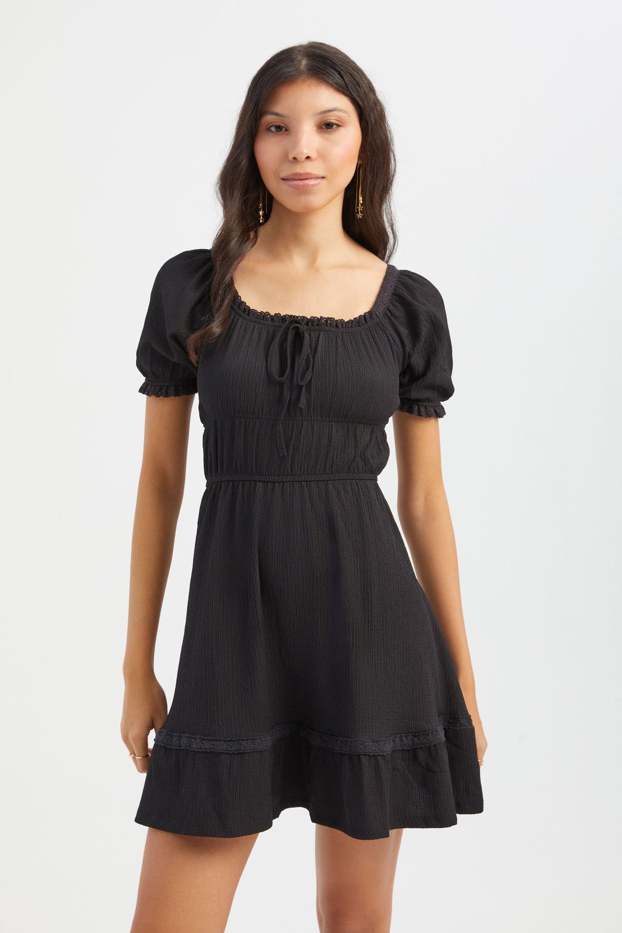 Square Neck Tie Front Short Sleeve Mini A-line Dress