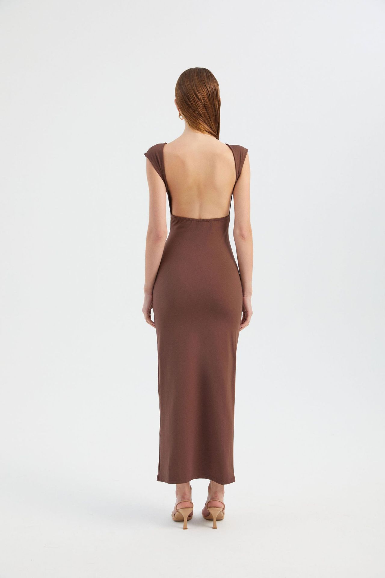 Round Neck Backless Cap Sleeve Maxi Bodycon Dress