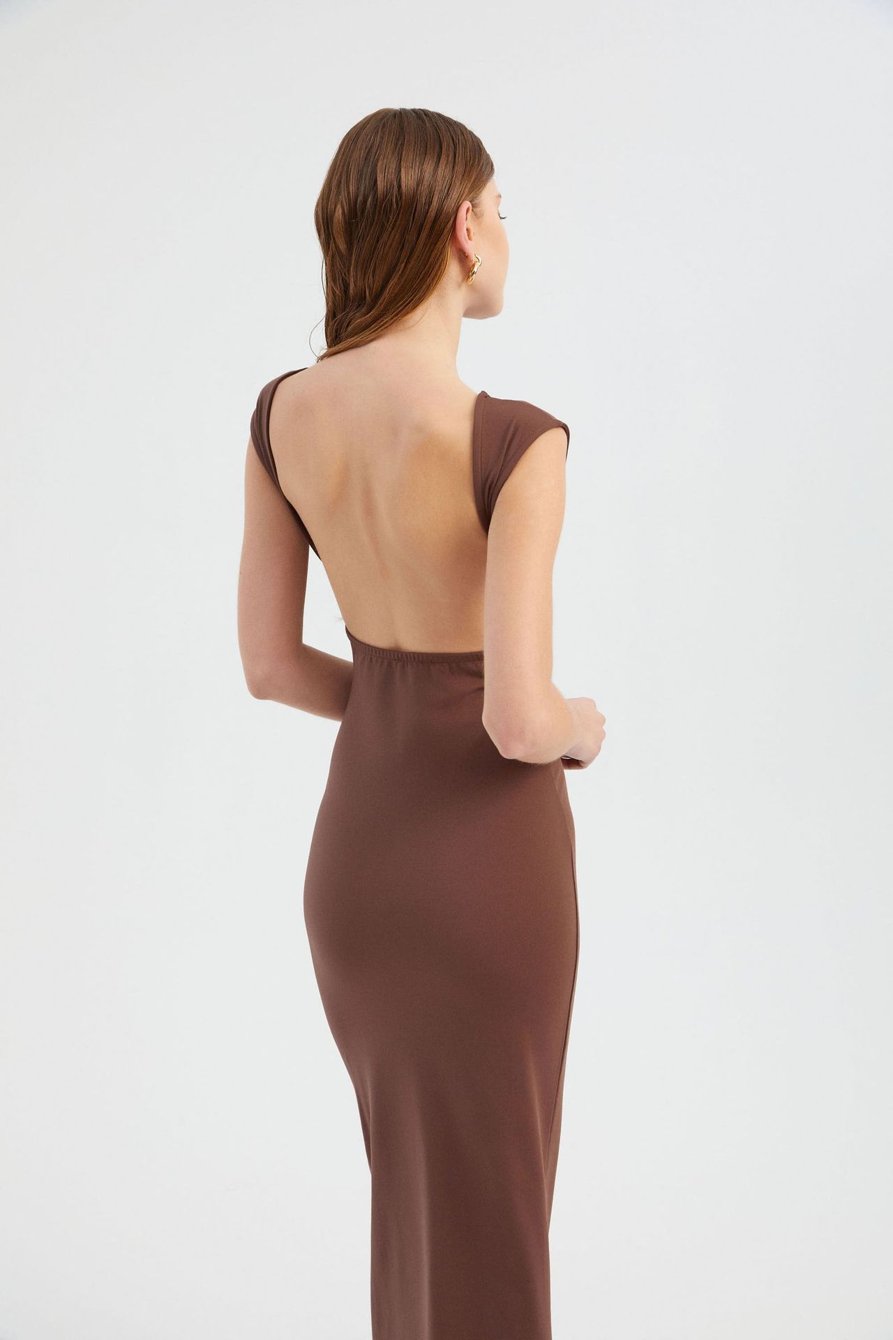 Round Neck Backless Cap Sleeve Maxi Bodycon Dress