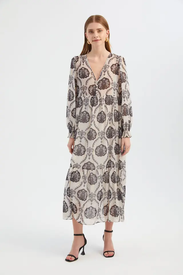 Abstract V Neck Buttoned Tiered Maxi Dress
