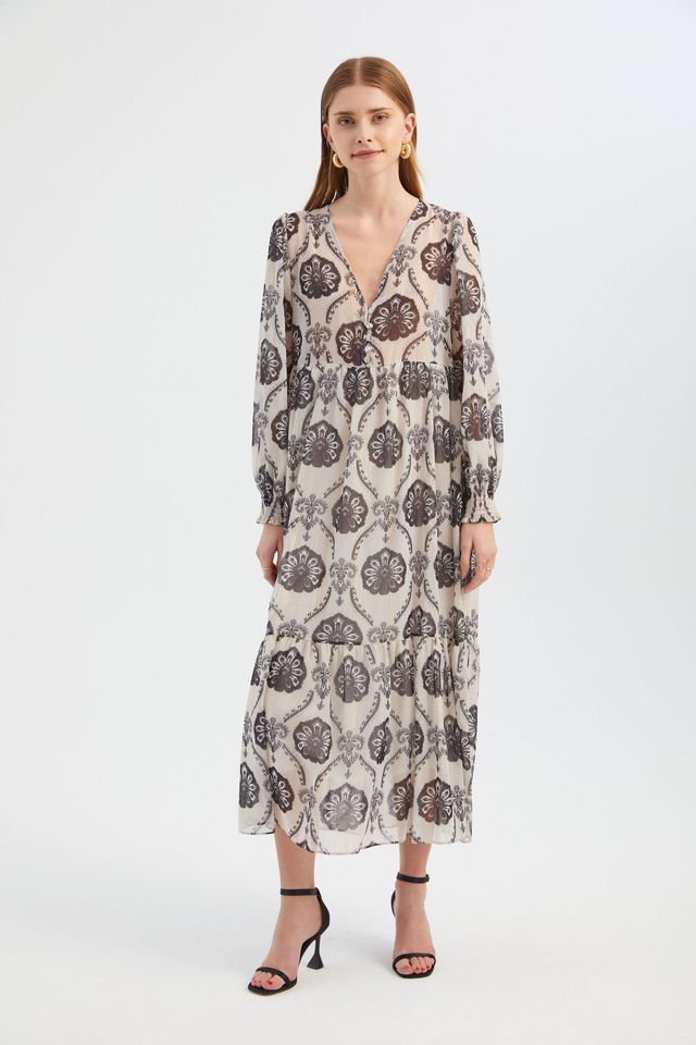 Abstract V Neck Buttoned Tiered Maxi Dress