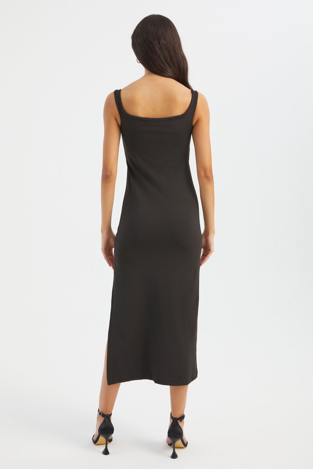 Square Neck Sleeveless Midi Bodycon Dress with a Side Slit