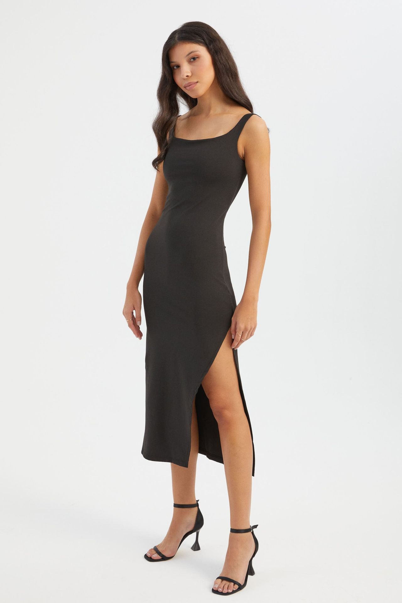 Square Neck Sleeveless Midi Bodycon Dress with a Side Slit