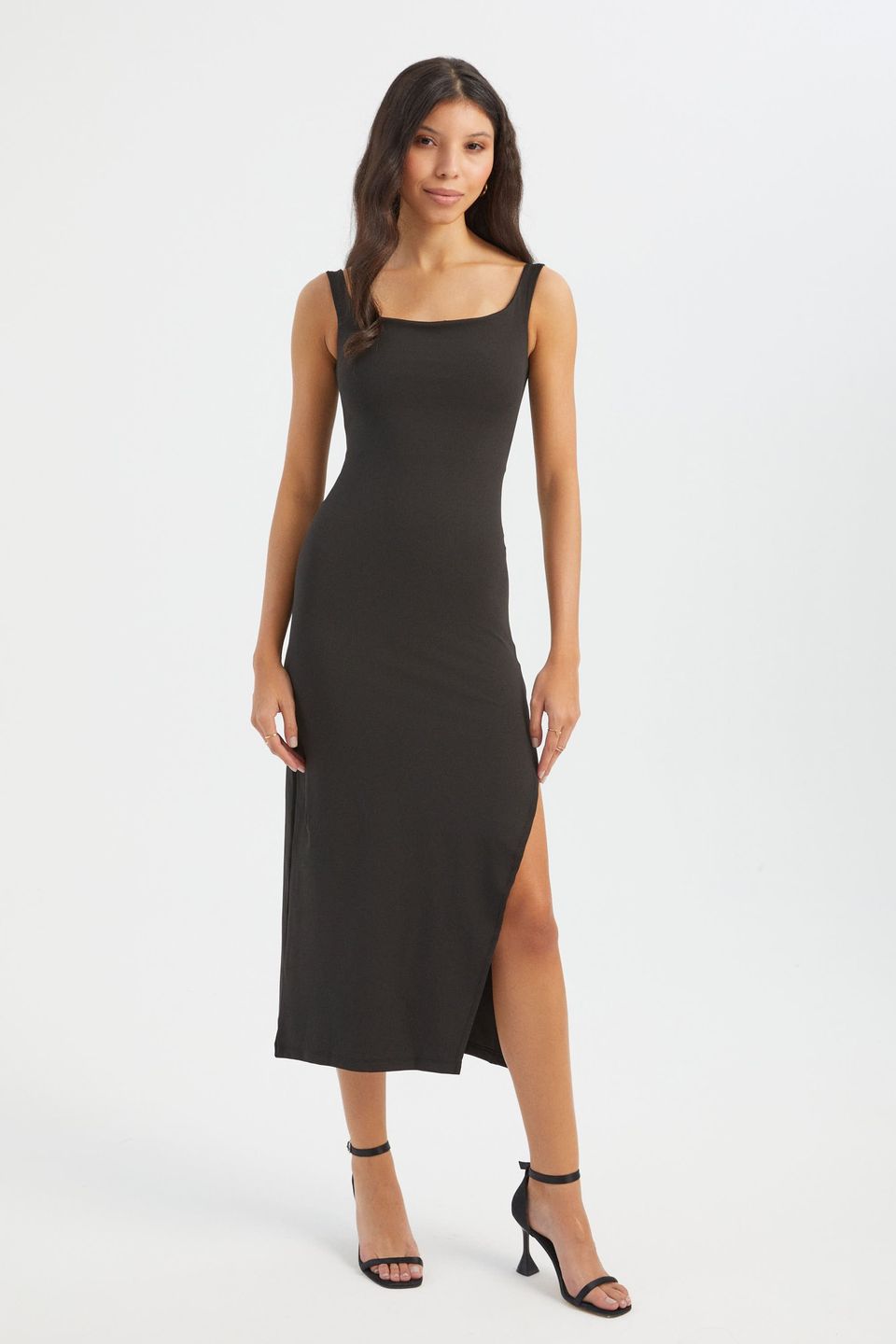 Square Neck Sleeveless Midi Bodycon Dress with a Side Slit