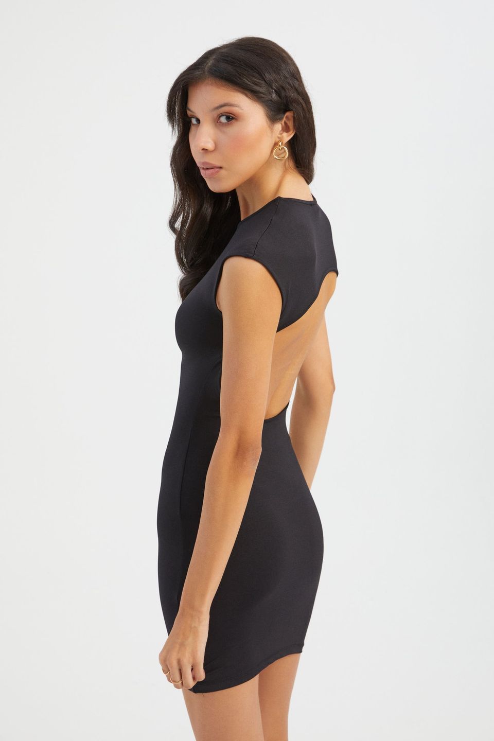 Crew Neck Cap Sleeve Mini Bodycon Dress with a Back Cut Out