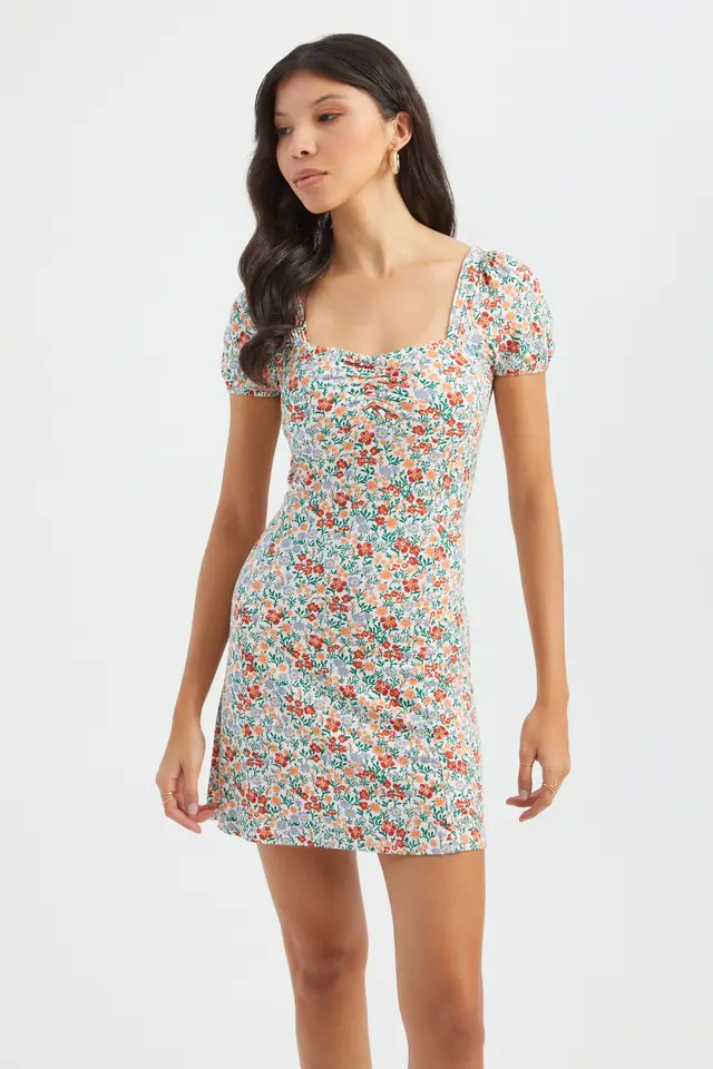 Floral Square Neck Short Sleeve Mini Dress