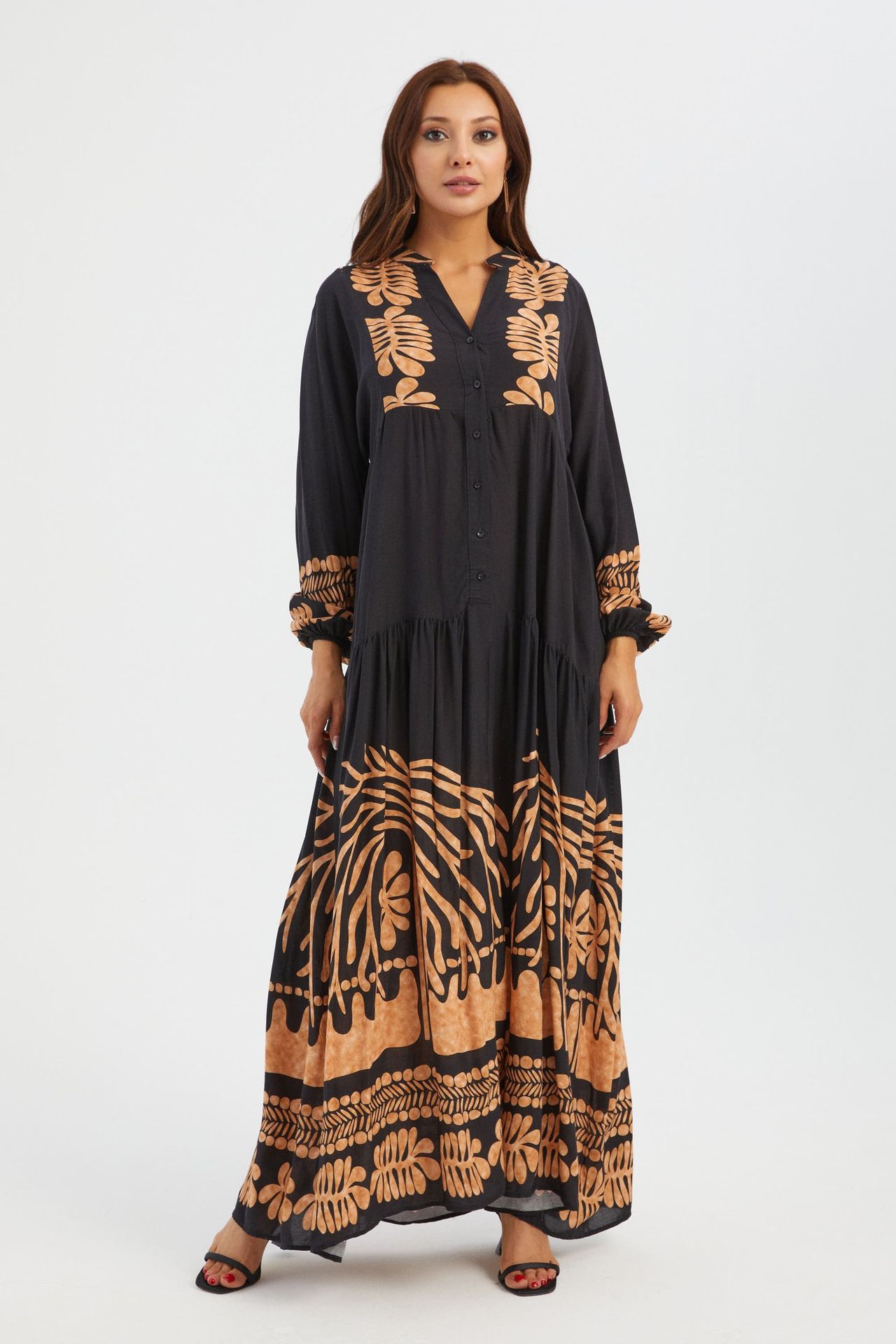 Abstract V Neck Buttoned Long Sleeve Maxi Dress