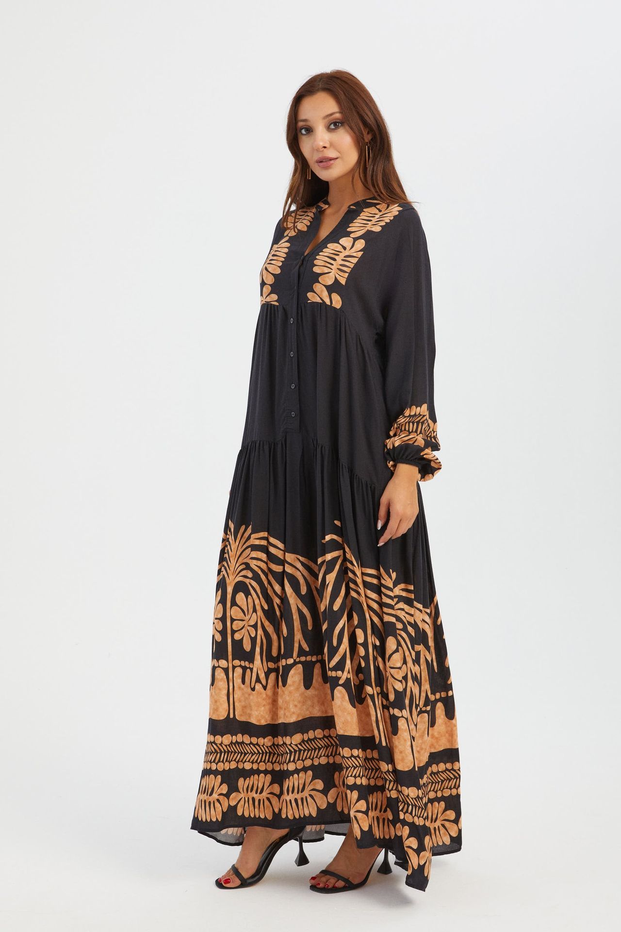 Abstract V Neck Buttoned Long Sleeve Maxi Dress