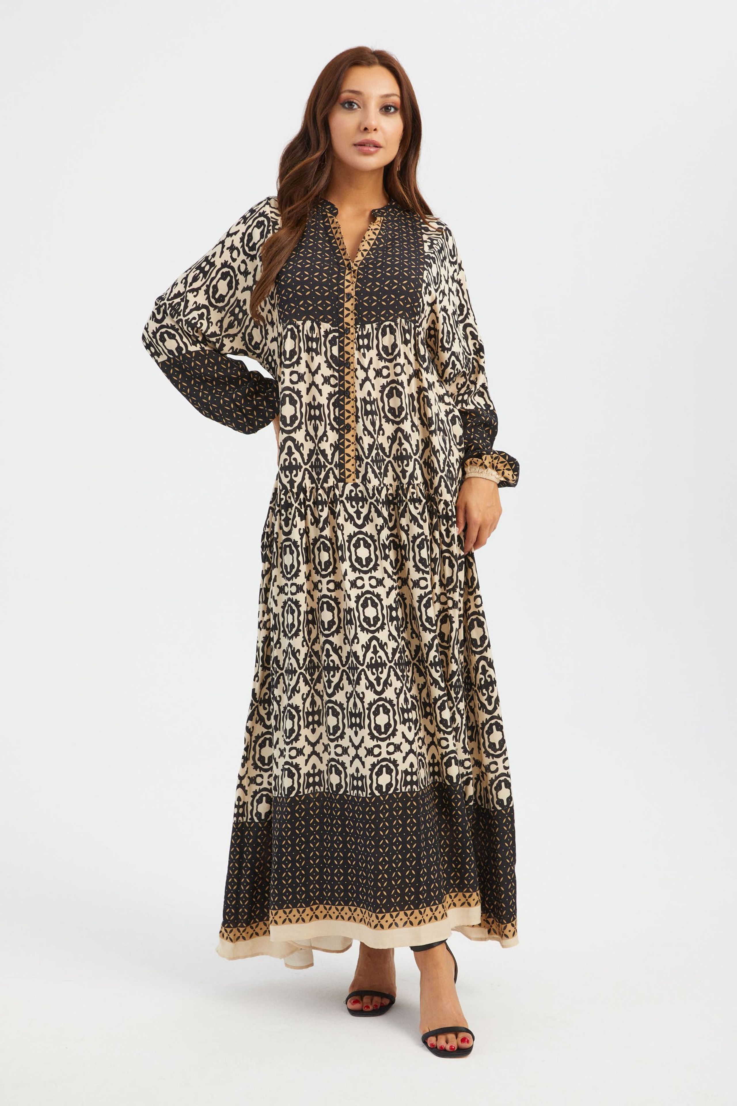 HiCCUP - Multicolor Abstract V Neck Buttoned Long Sleeve Maxi Dress Women