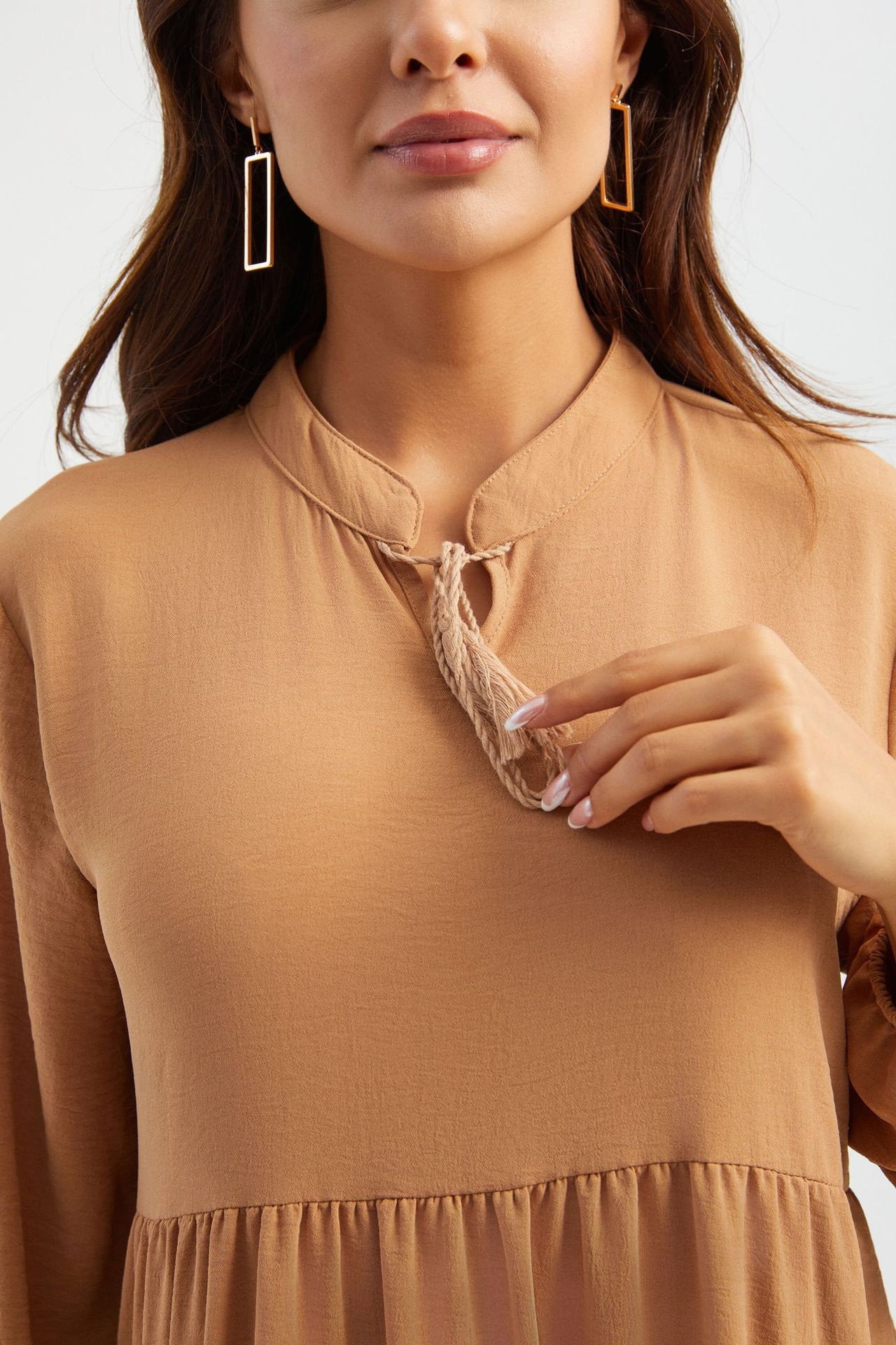 High Neck Tie Front Tiered Long Sleeve Maxi Dress