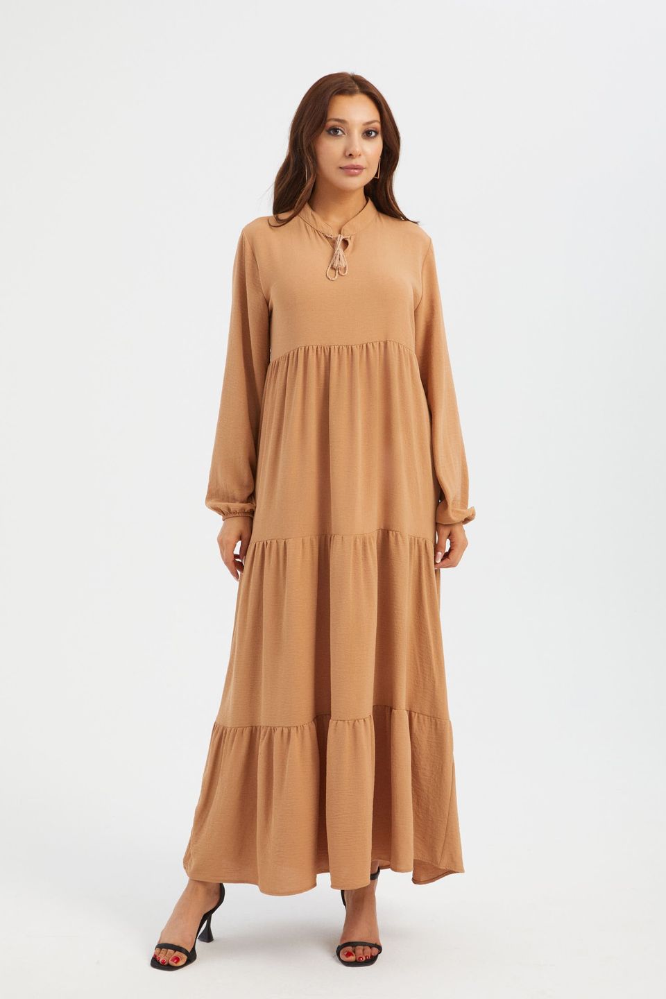 High Neck Tie Front Tiered Long Sleeve Maxi Dress