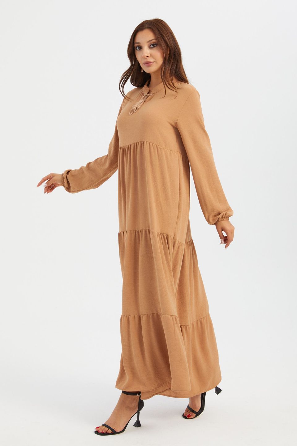 High Neck Tie Front Tiered Long Sleeve Maxi Dress