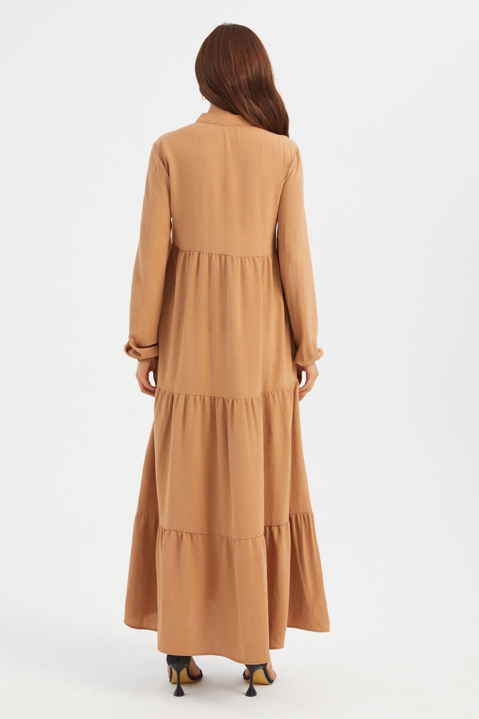 High Neck Tie Front Tiered Long Sleeve Maxi Dress