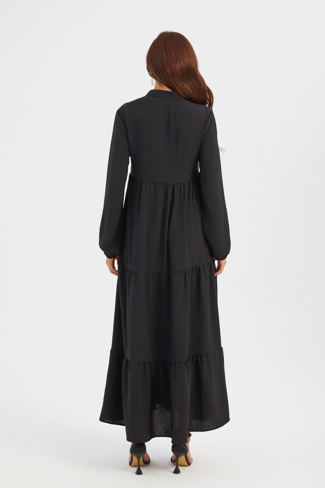 High Neck Tie Front Tiered Long Sleeve Maxi Dress