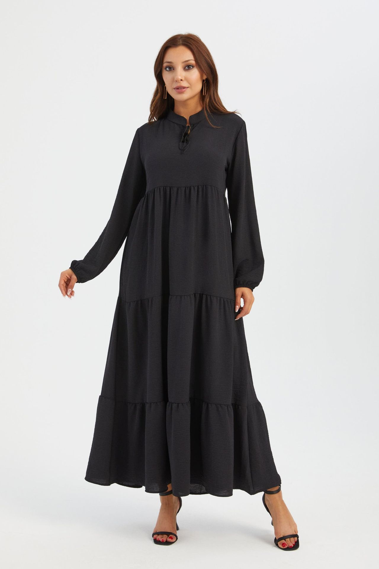High Neck Tie Front Tiered Long Sleeve Maxi Dress