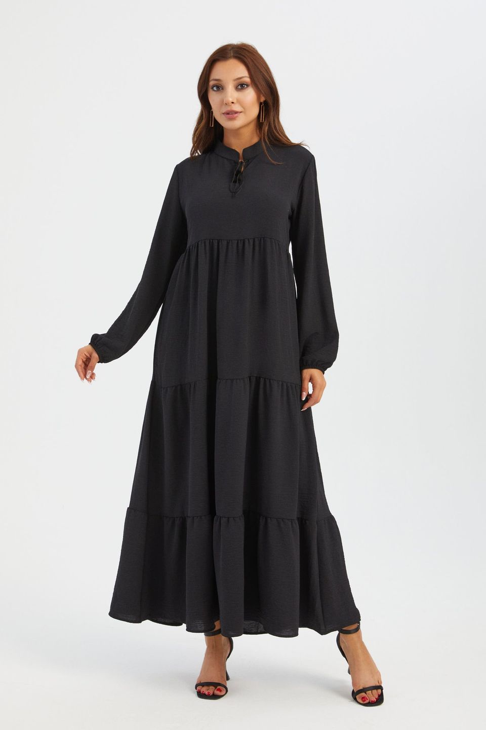 High Neck Tie Front Tiered Long Sleeve Maxi Dress
