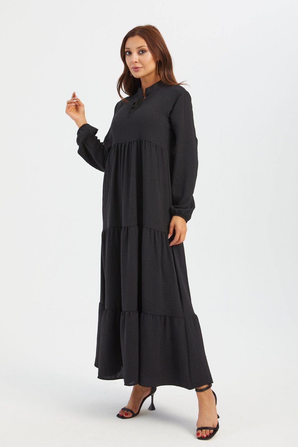 High Neck Tie Front Tiered Long Sleeve Maxi Dress