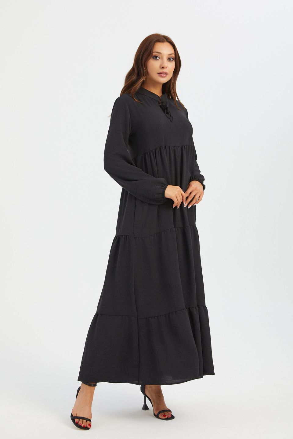 High Neck Tie Front Tiered Long Sleeve Maxi Dress
