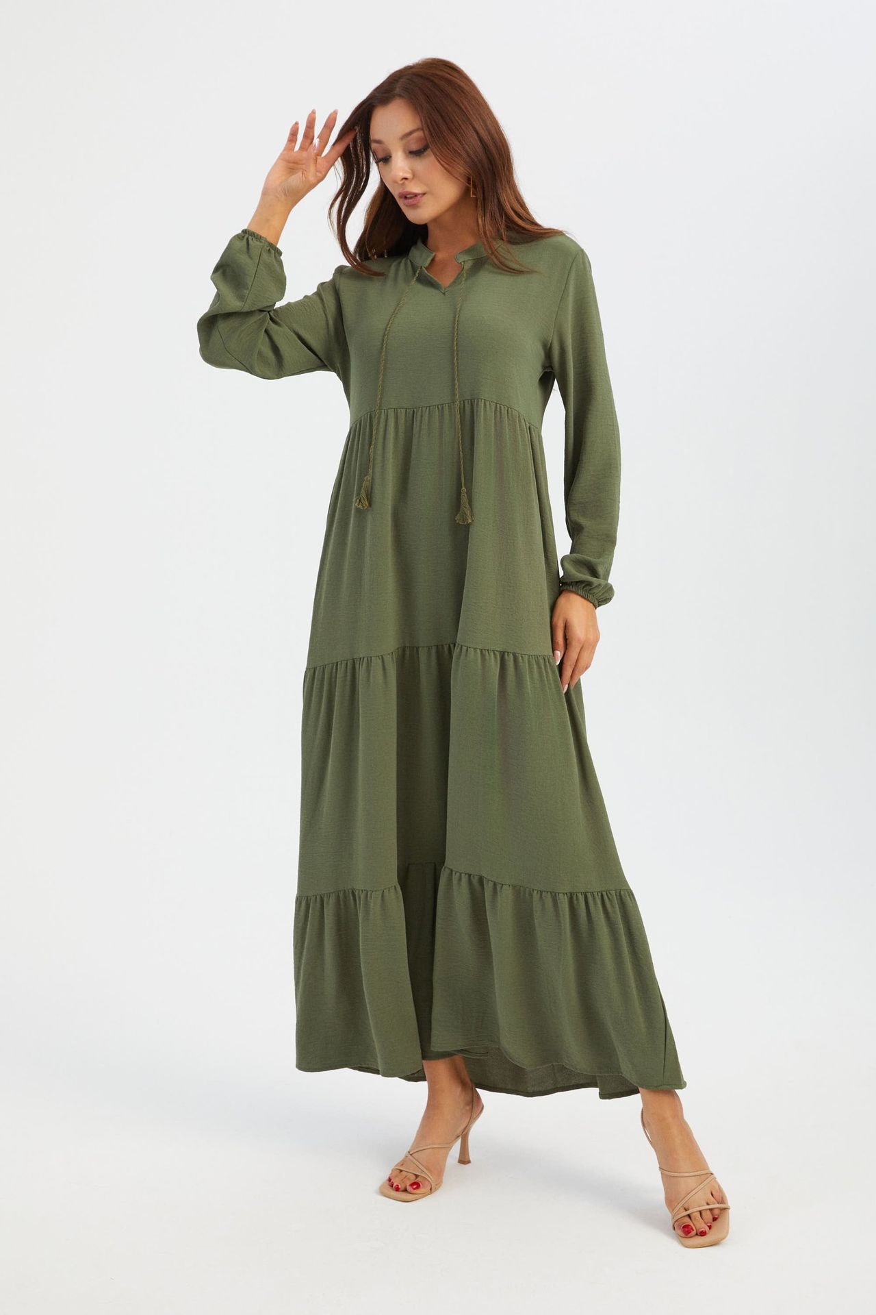 High Neck Tie Front Tiered Long Sleeve Maxi Dress