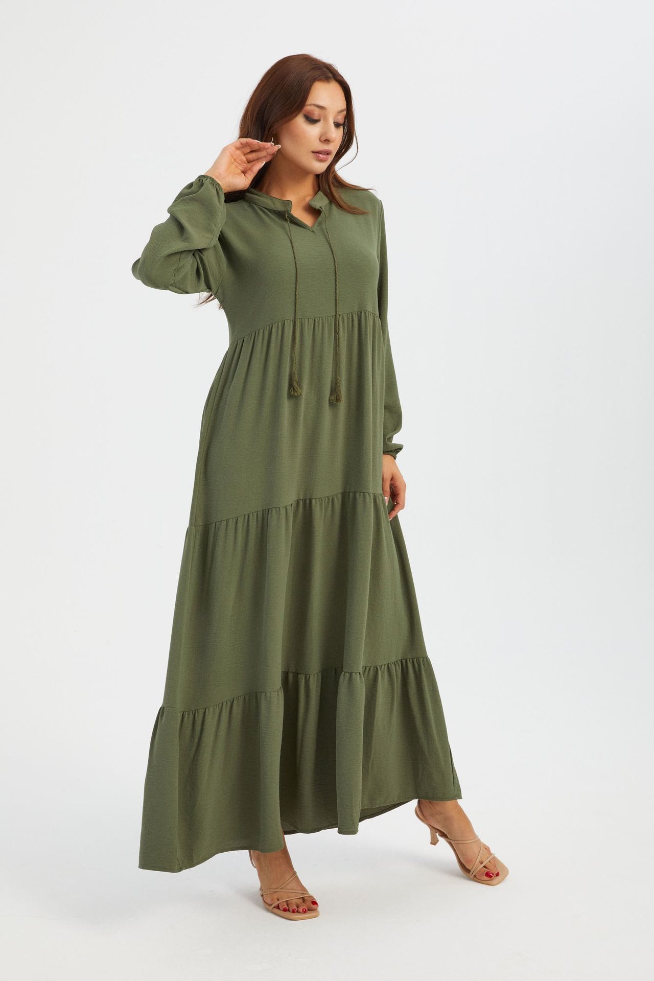 High Neck Tie Front Tiered Long Sleeve Maxi Dress