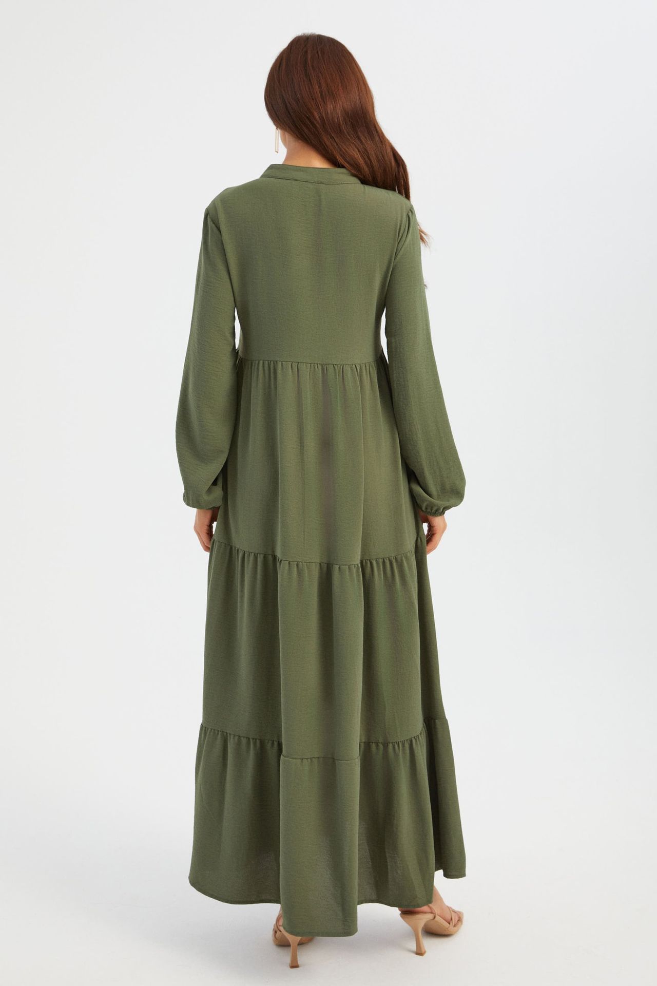 High Neck Tie Front Tiered Long Sleeve Maxi Dress