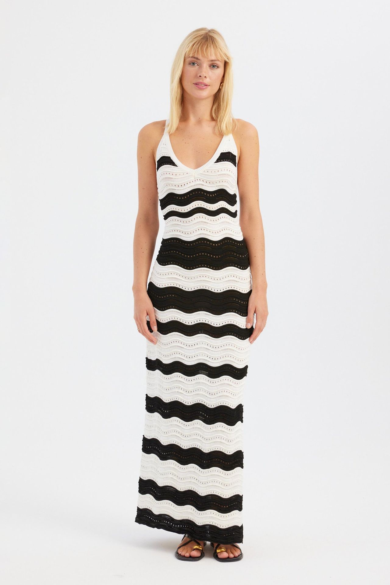 Striped V Neck Side Slit Maxi Dress