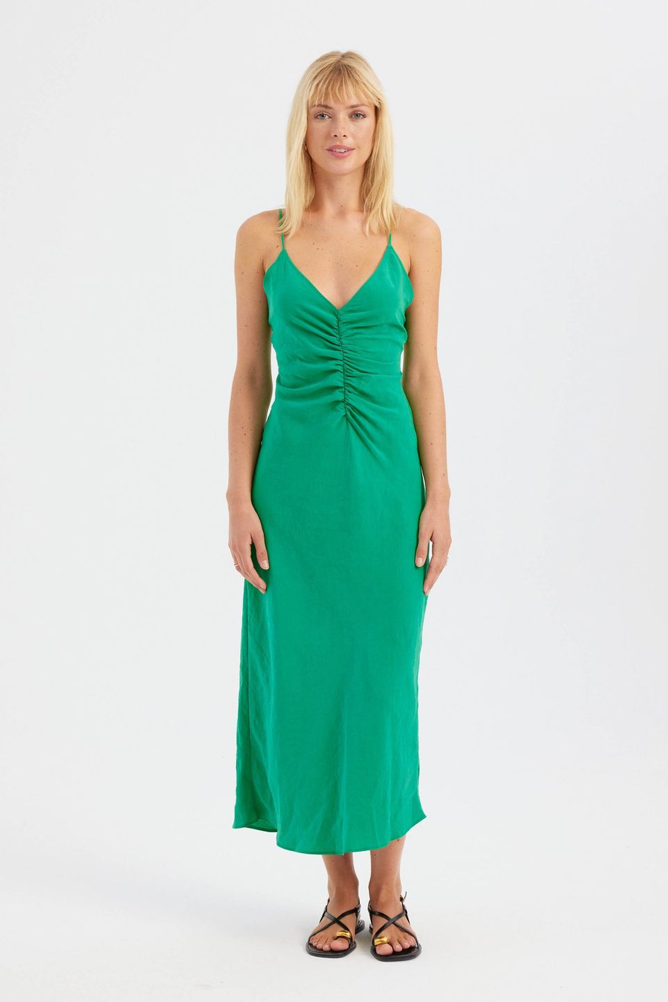 V Neck Strappy Maxi Dress with a Ruched Front