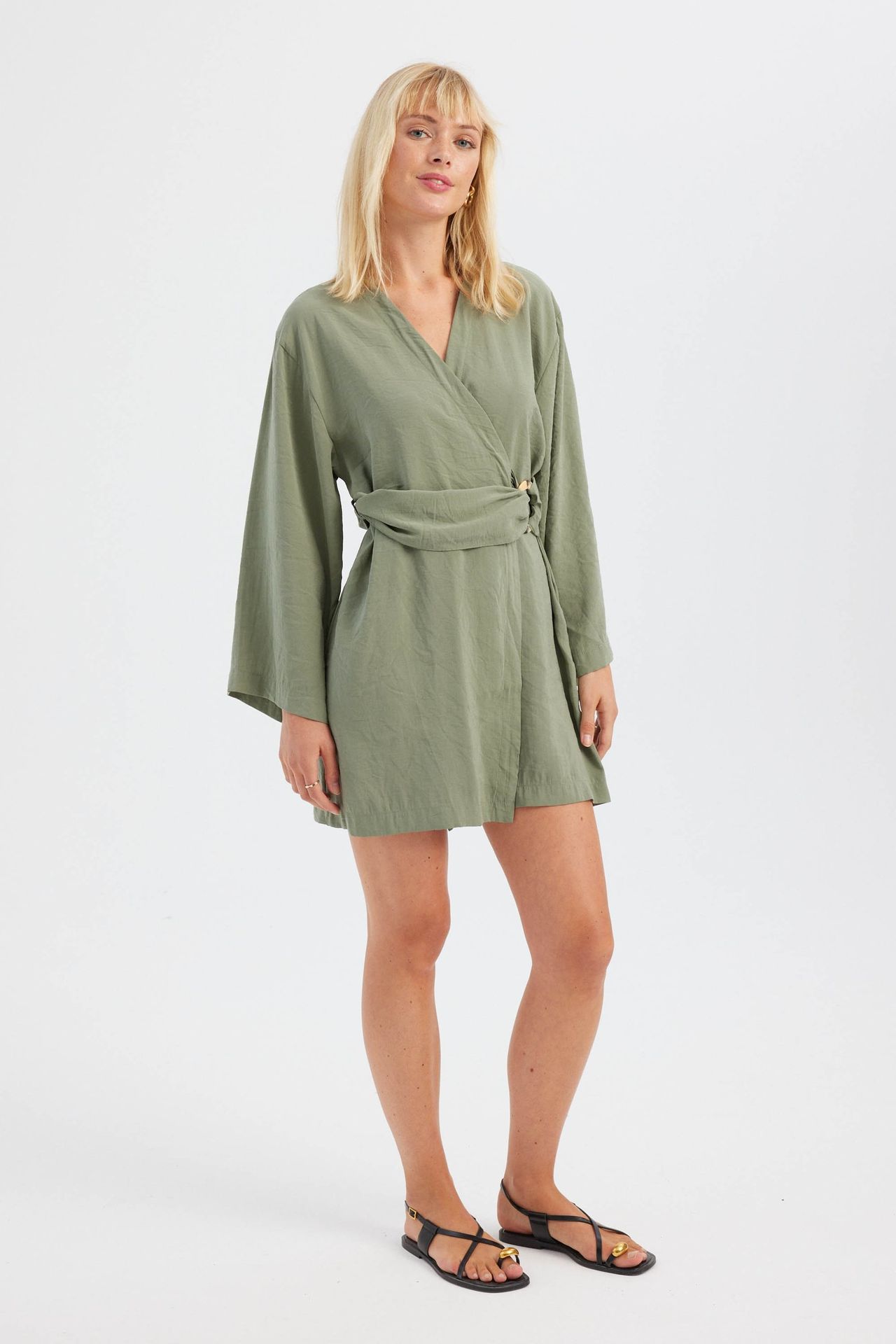 V Neck Long Sleeve Mini Dress with a Belt Detail