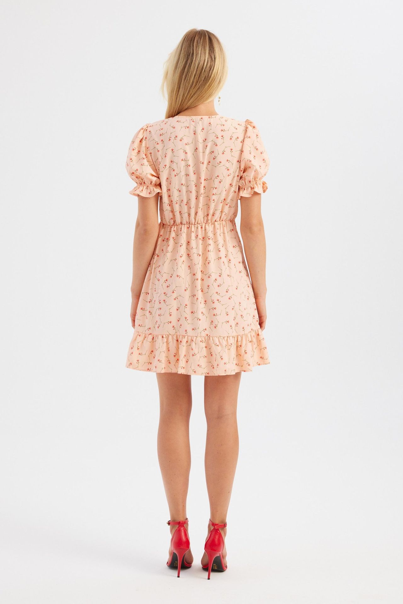 Floral V Neck Ruffled Short Sleeve Mini Dress