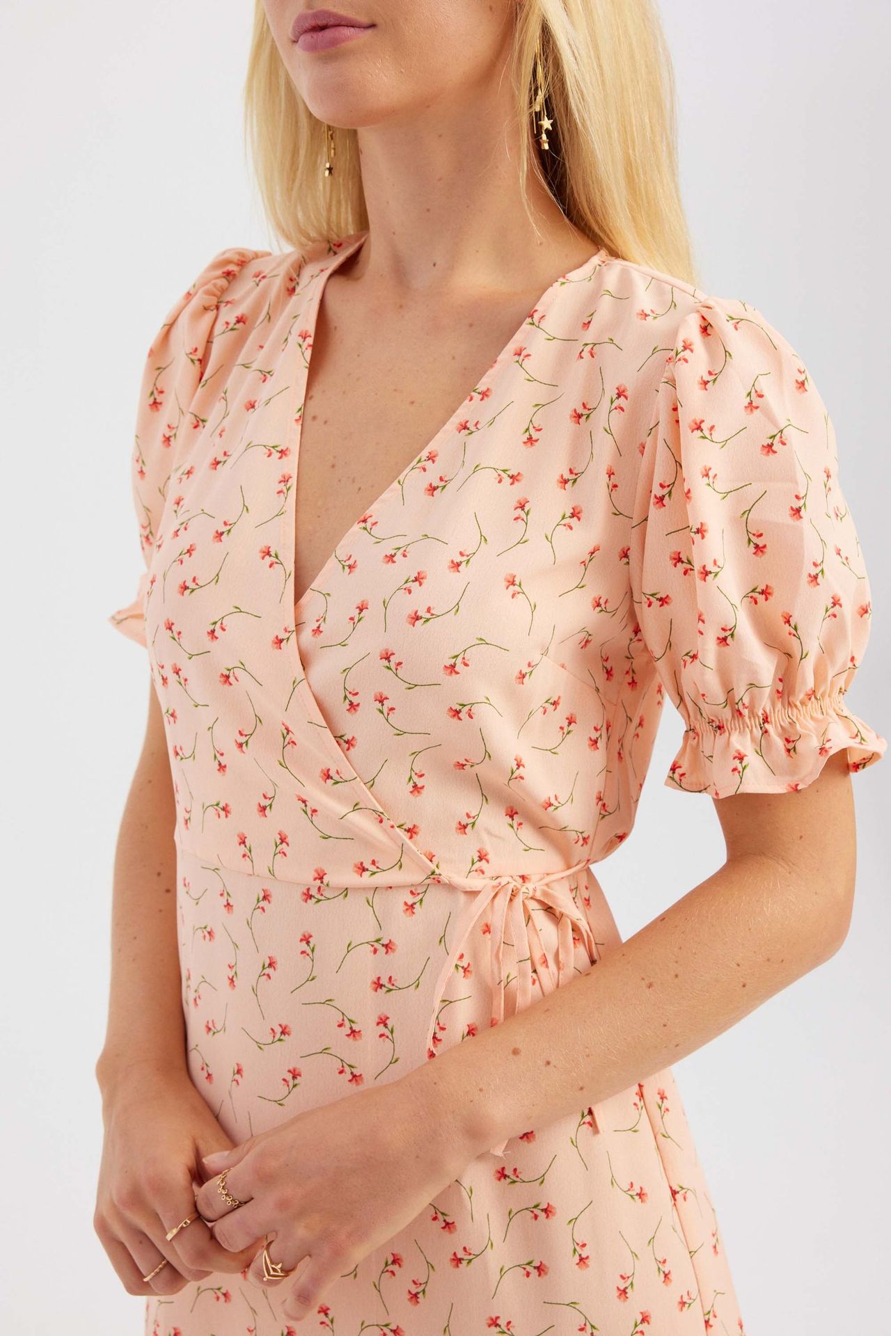 Floral V Neck Ruffled Short Sleeve Mini Dress