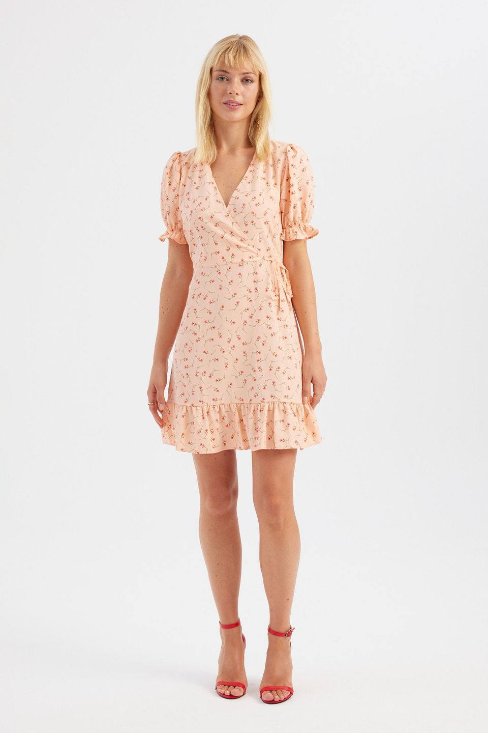 Floral V Neck Ruffled Short Sleeve Mini Dress