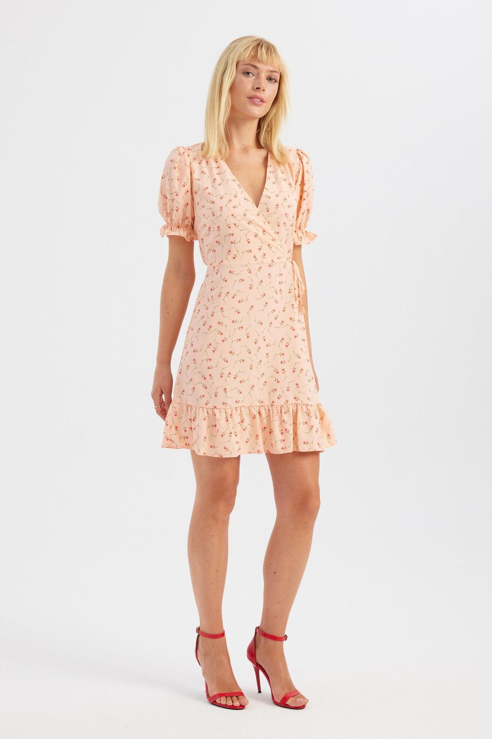 Floral V Neck Ruffled Short Sleeve Mini Dress