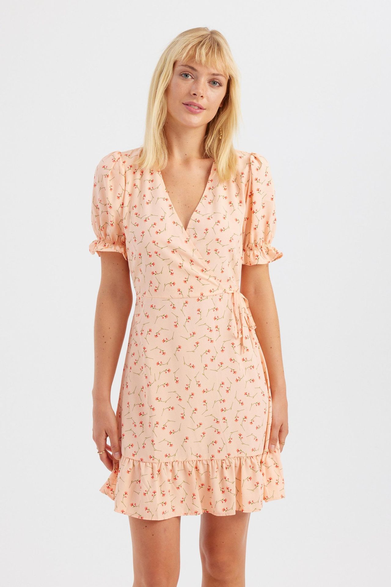 Floral V Neck Ruffled Short Sleeve Mini Dress