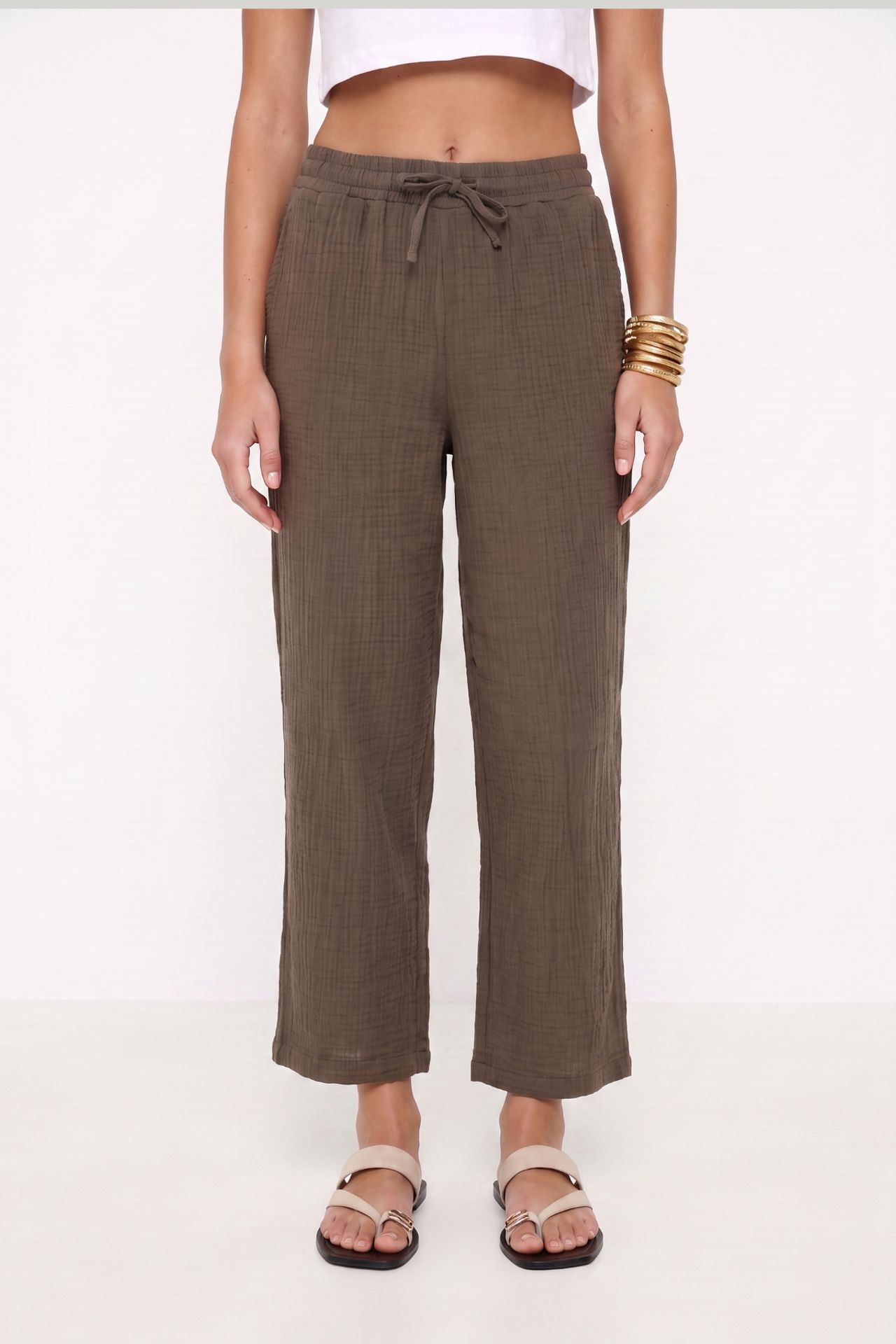 ISTANBUL Wide Leg Drawstring Waist Pants with Binding Detail 3