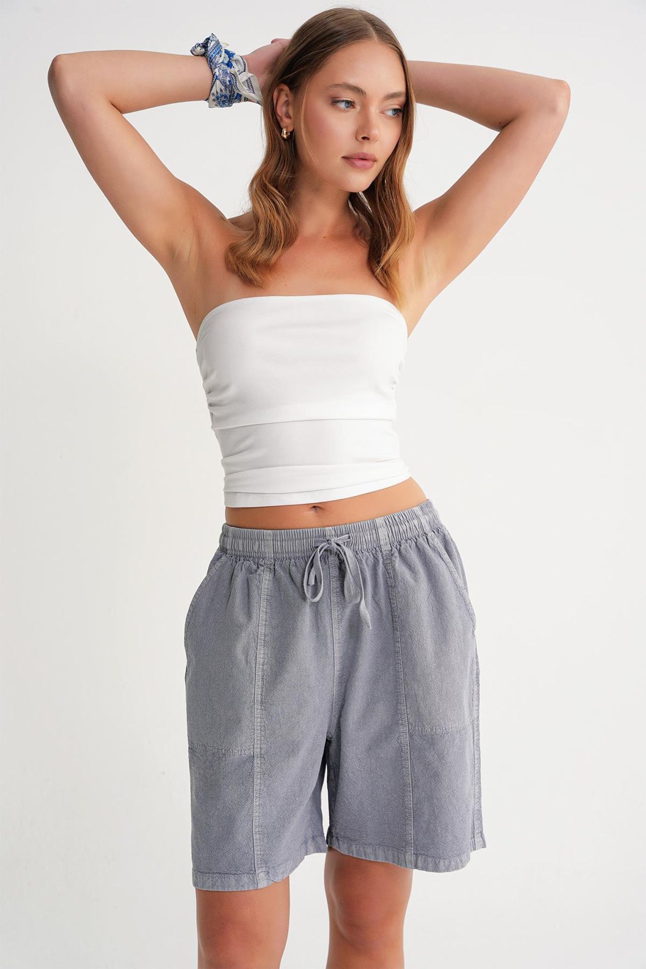 Mixray High Waist Cotton Drawstring Mini Shorts 3