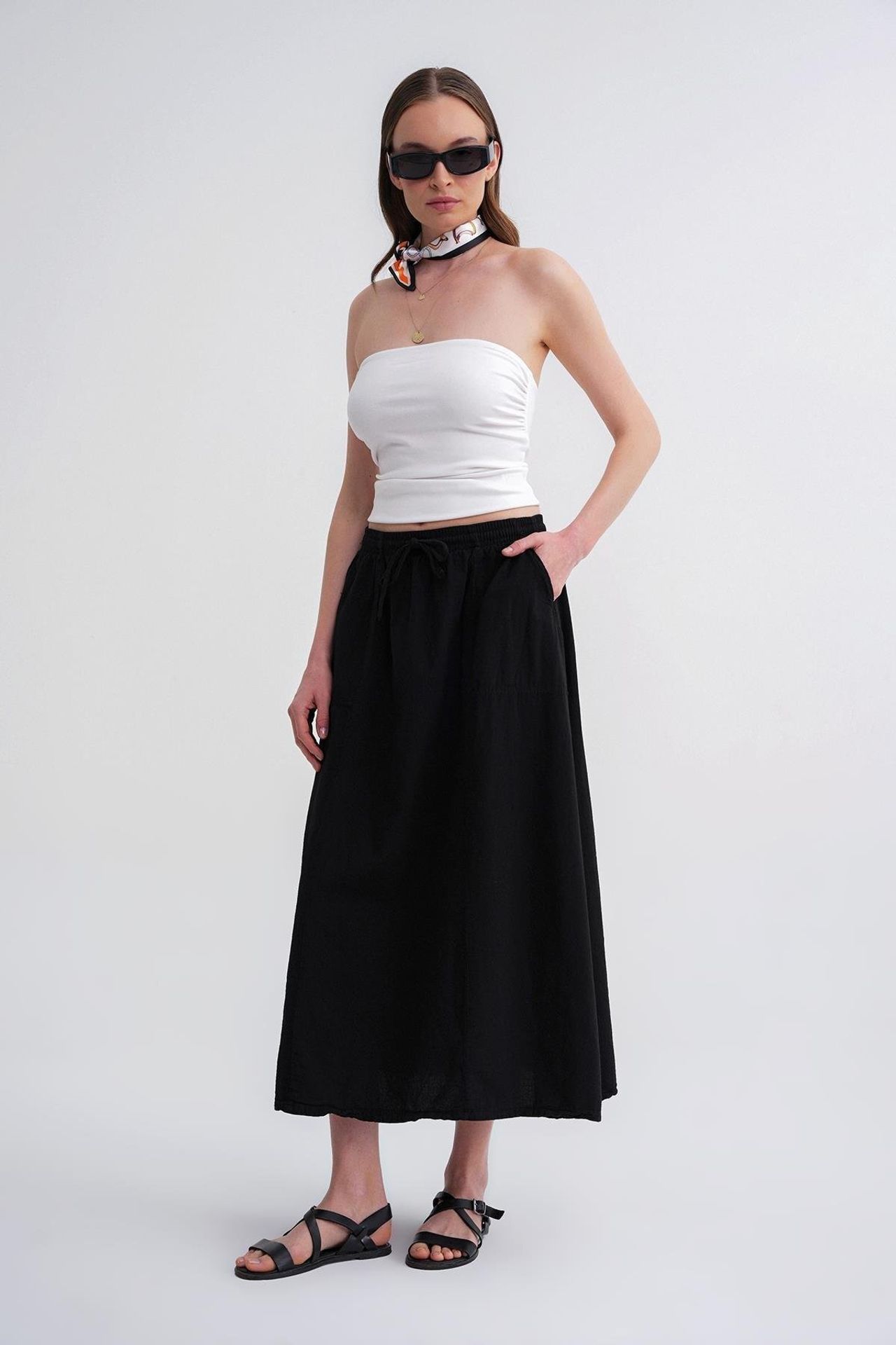 Mixray High-Waisted Poplin Skirt with Drawstring Detail 1