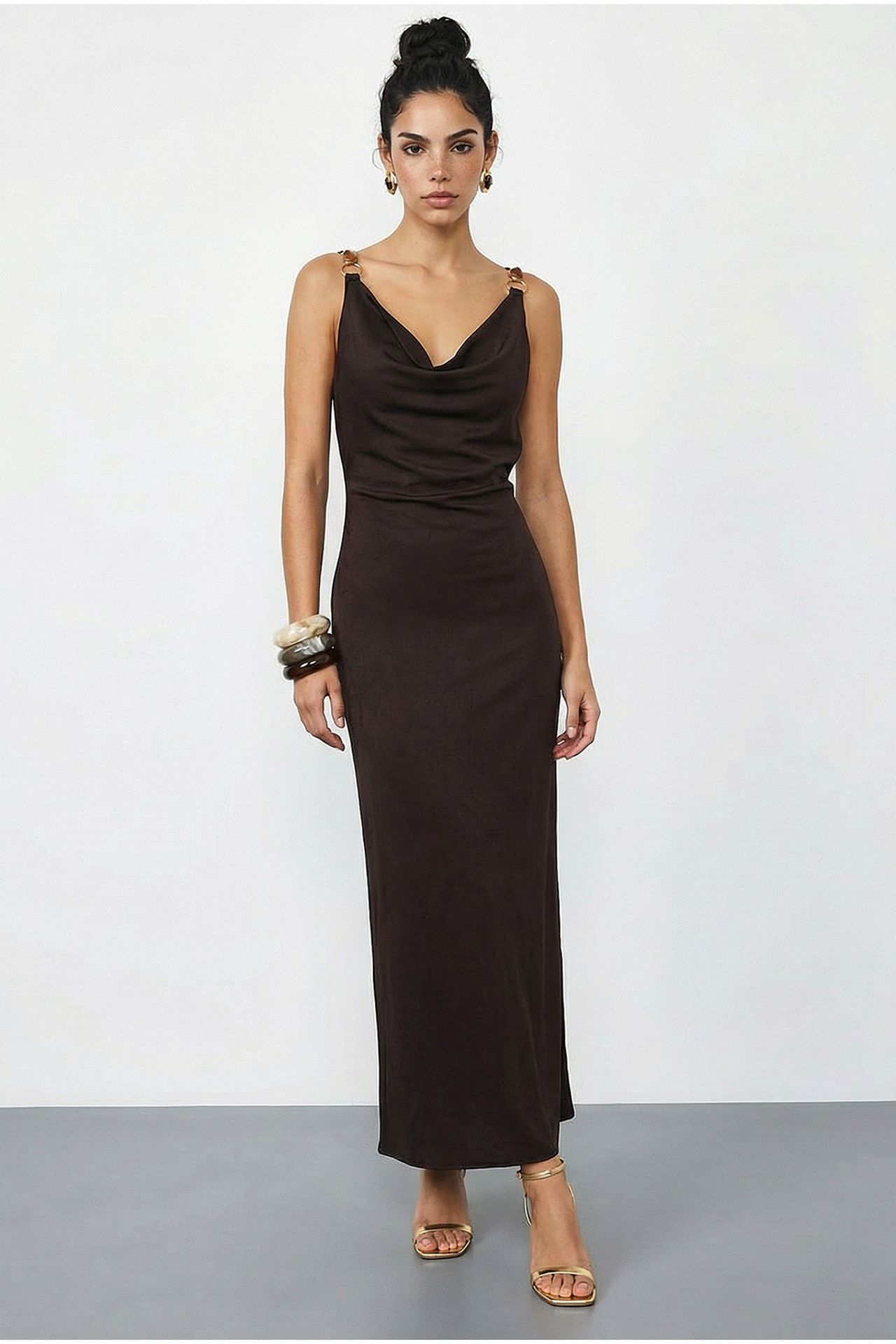 LUCCI Sleeveless Satin Maxi Slip Dress with Cowl Neck and Accessory Detail 2